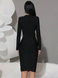 Women's Light Luxury 3D Flower Design Bandage Dress Square Neck Long Sleeve Bodycon Flute Dress Evening Club Party Vestidos