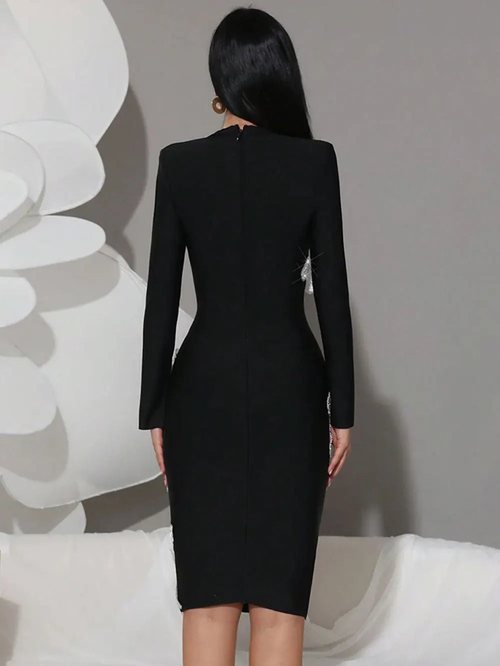 Women's Light Luxury 3D Flower Design Bandage Dress Square Neck Long Sleeve Bodycon Flute Dress Evening Club Party Vestidos