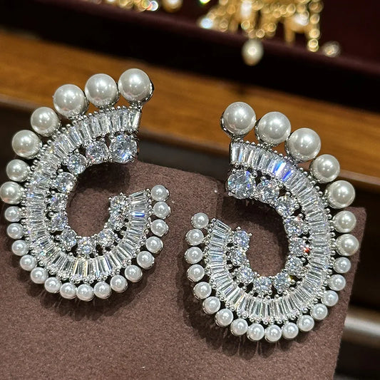 Luxury Pearl AAA Zircon Bridal Earrings CZ Cubic Zirconia Wedding Earring For Brides Bridesmaids Accessories Women Prom Jewelry a