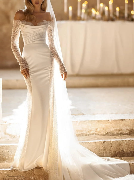 Elegante sem alças vestidos de casamento deslumbrante vestido de sereia para noiva lantejoulas apliques até o chão vestido de noiva novia