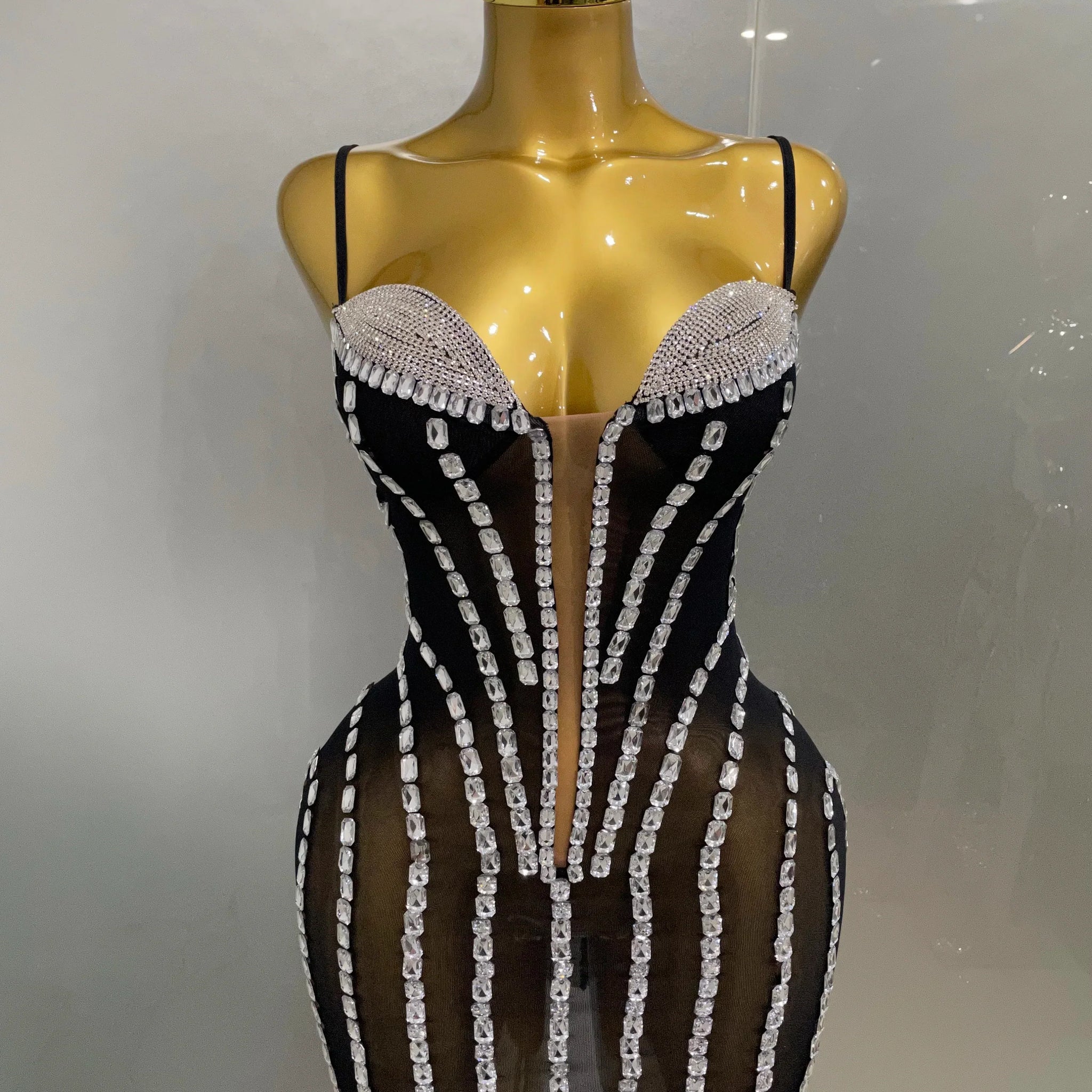 Sexy Sparkly Rhinestones Mesh See Through Short Slip Dress Women Evening Birthday Party Prom Nightclub PhotoShoot Stage Wear