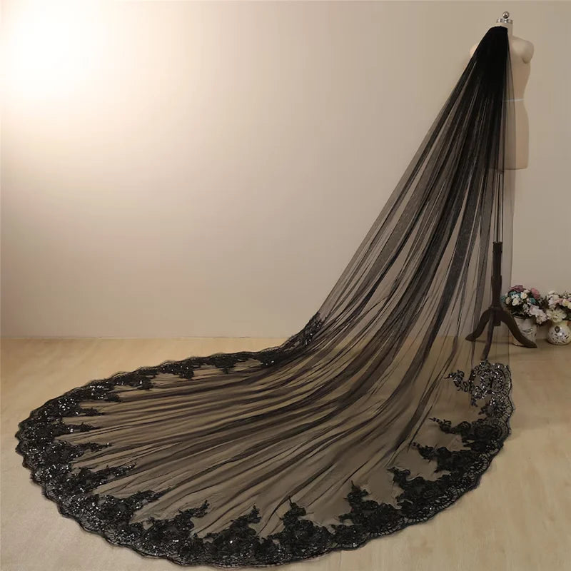 3.5 Meters Sequined Veil Black Lace Bridal Veil Metal Comb