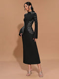 Elegant Women's Light Luxury Hot Diamond Bandage Dress with Stand up Collar and Trumpet Sleeve Bodycon Long Dress Vestidos