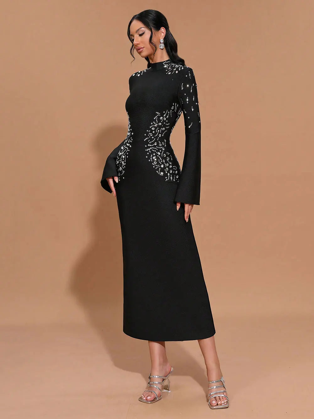 Elegant Women's Light Luxury Hot Diamond Bandage Dress with Stand up Collar and Trumpet Sleeve Bodycon Long Dress Vestidos