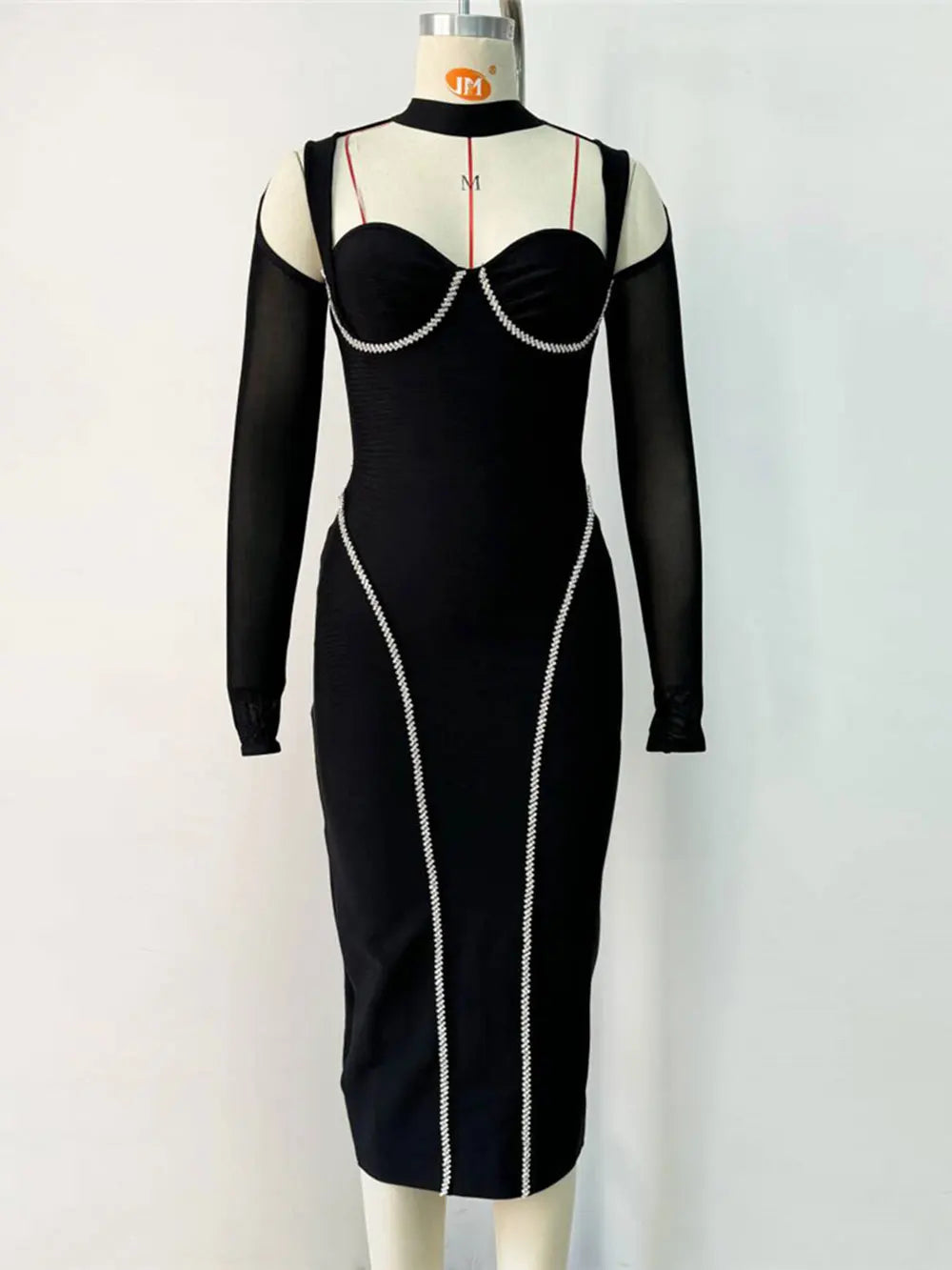 Sexy Women's Light Luxury Nail Diamond Bandage Dress O-neck Long Sleeve Hollow Design Bodycon Midi Dress Party Vestidos