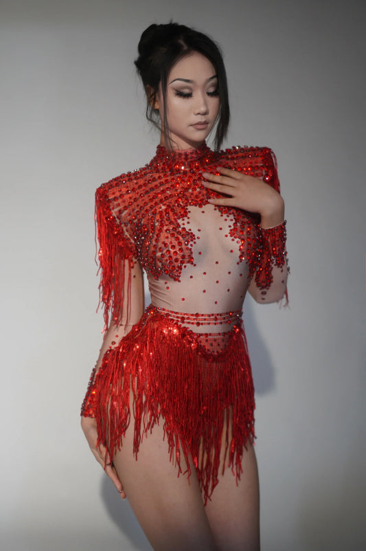 Sparkly Rhinestone Sequin Tassel Stretch Bodysuits Women Birthday Party Nightclub Dj Stage Performance Costume Red