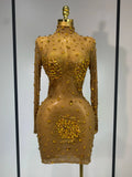 High Quality Sparkly Rhinestone Sexy Bodycon Dress New Fashion Nightclub Stage Outfit Luxury Birthday Party Dresses Gold