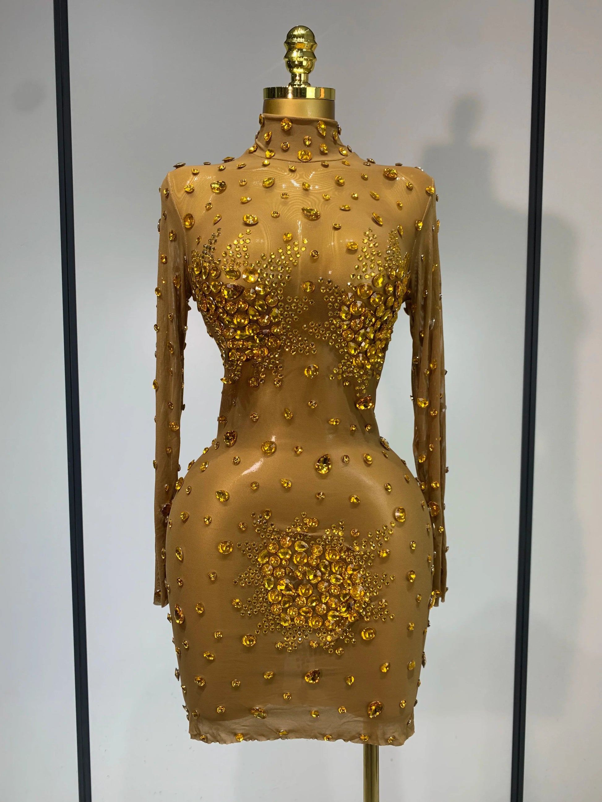 High Quality Sparkly Rhinestone Sexy Bodycon Dress New Fashion Nightclub Stage Outfit Luxury Birthday Party Dresses Gold
