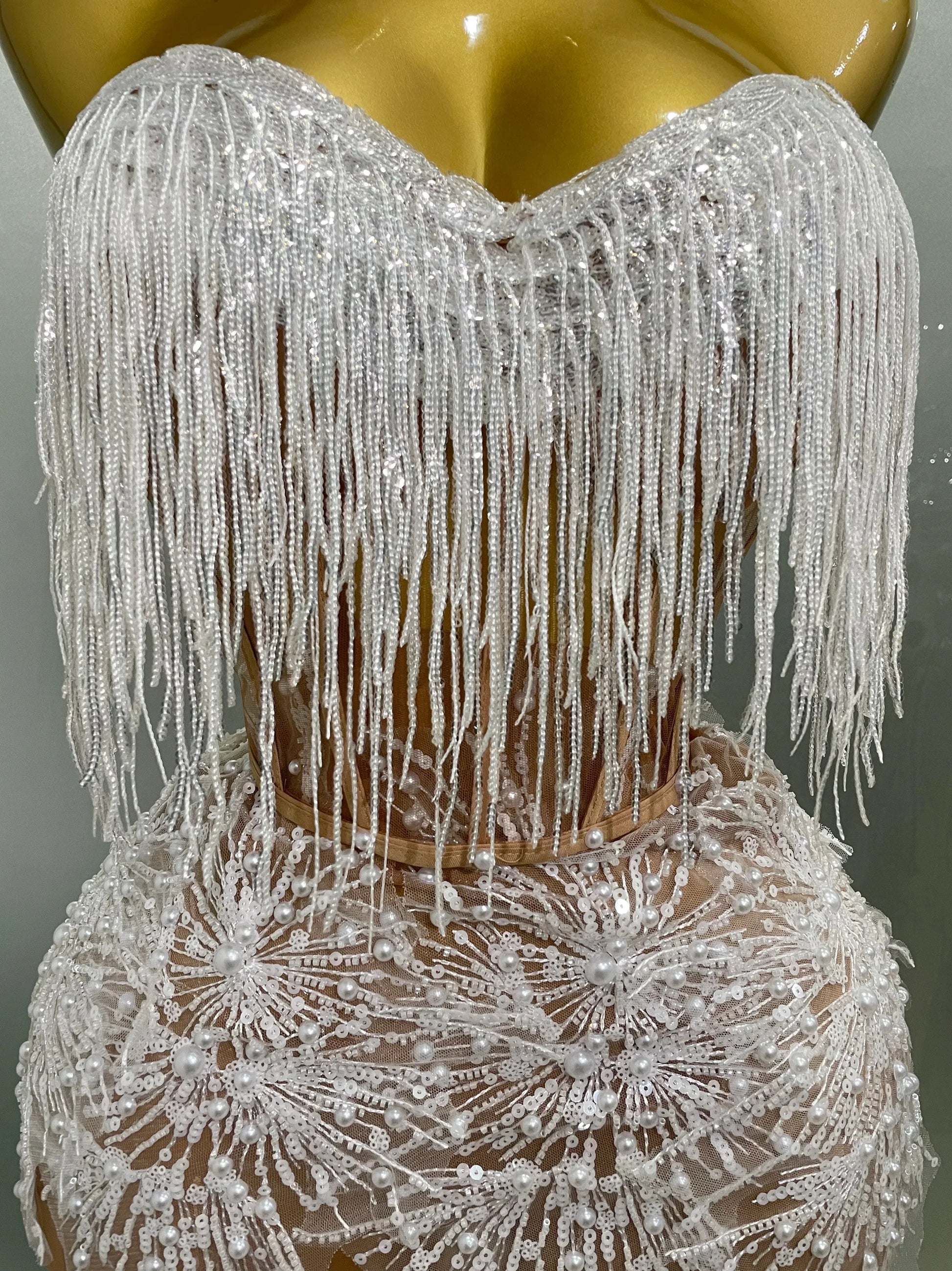 Sexy Pearl Sequins Tassel Sleeveless Glitter Mini Dress Women Singer Bar Nightclub Stage Performance Clothing Show Outfit