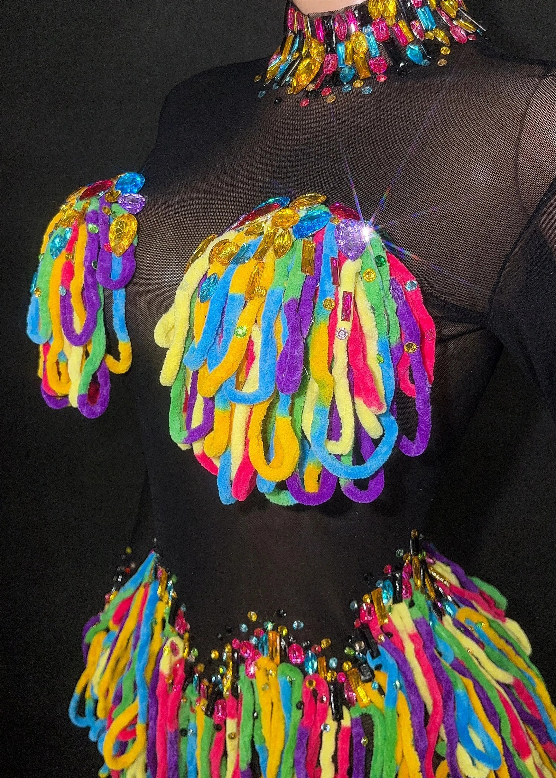 Women Shiny Colorful Diamonds Sexy Stretch Transparent Mesh Short Dress Nightclub Party Singer Stage Performance Costume