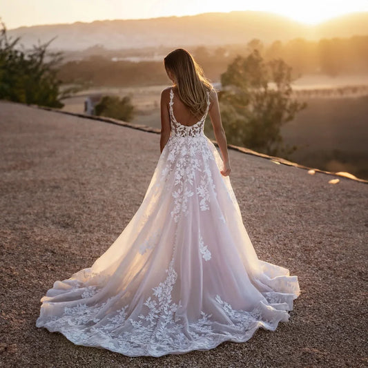 PERFECT Gorgeous Wedding Dresses For Woman Square Neck Appliques Open Back Tulle Lace Charming Bridal Gowns Vestidos De Novia