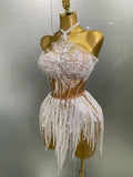 Sexy Pearl Sequins Tassel Sleeveless Glitter Mini Dress Women Singer Bar Nightclub Stage Performance Clothing Show Outfit
