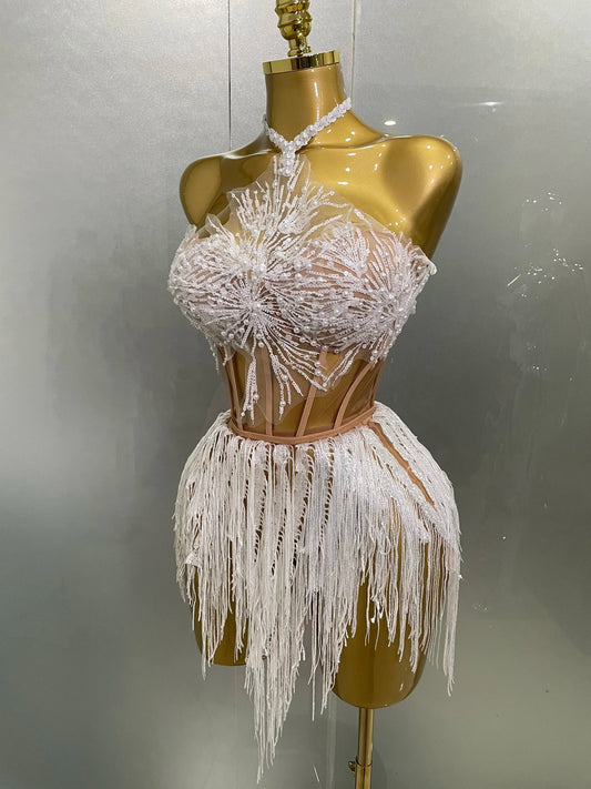 Sexy Pearl Sequins Tassel Sleeveless Glitter Mini Dress Women Singer Bar Nightclub Stage Performance Clothing Show Outfit