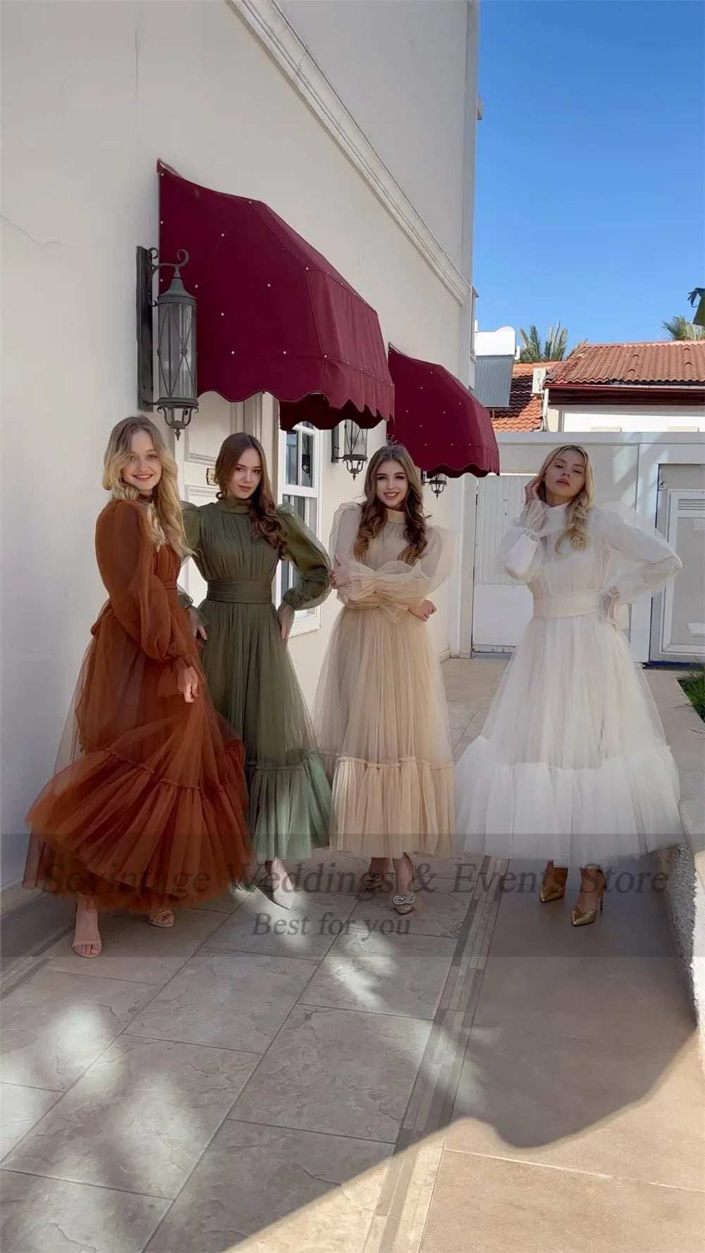 Long Sleeves Prom Gowns A Line Tulle Tiered Skirt Short Formal Special Party Dresses Women Bridesmaid Dress
