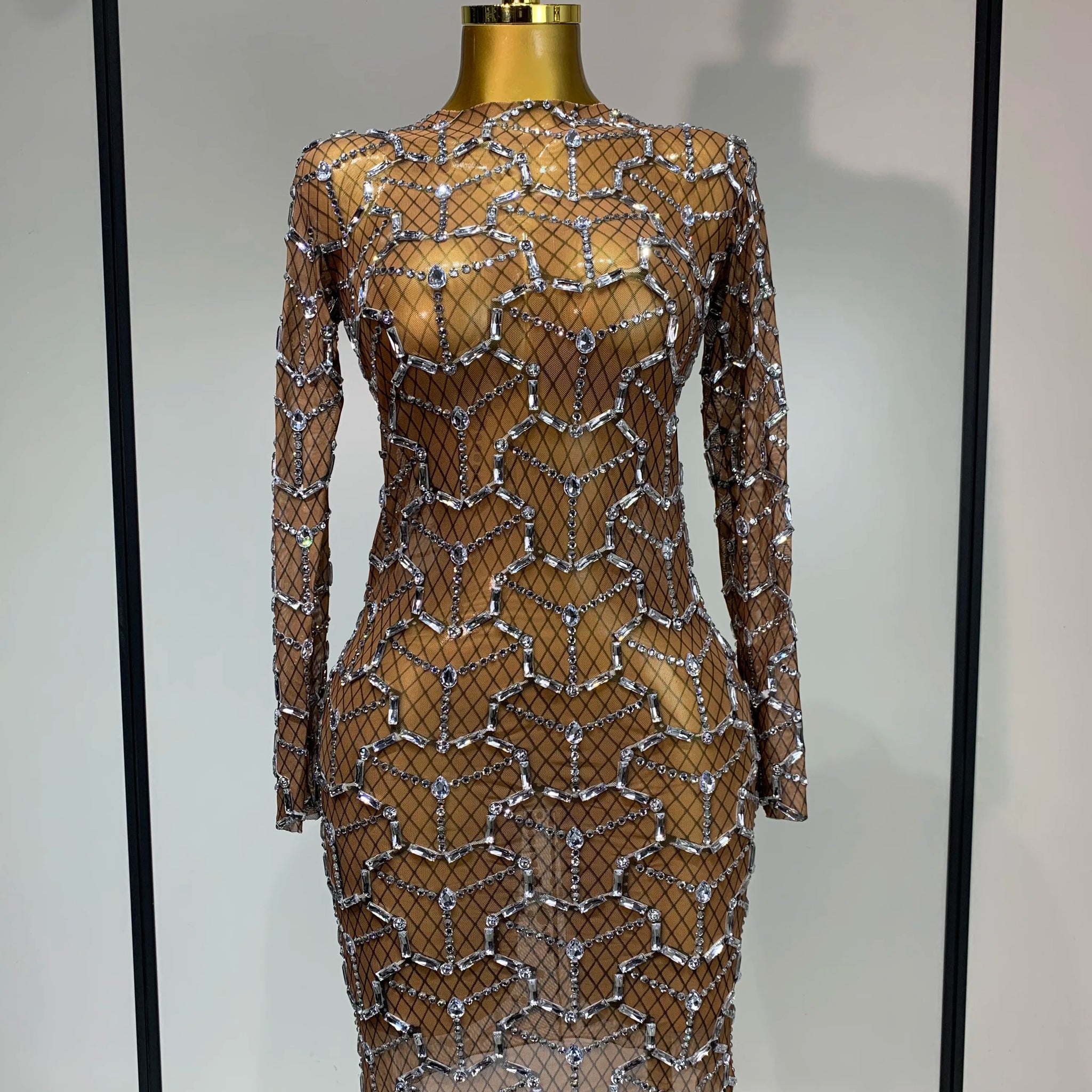 High Quality Women Elegant Long Sleeve Sparkly Rhinestones Mesh Bodycon Mini Dress See Through Evening Party Nightclub Outfit Dark Brown