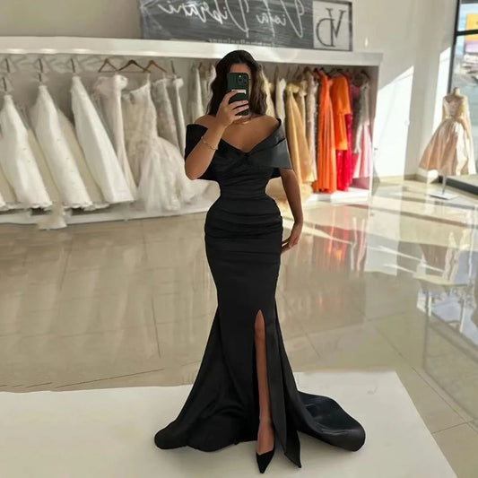 Black Simple Evening Dresses For Women Wedding Party Side Slit Prom Gowns Satin Formal Occasion Dress Robe De Soirée Black