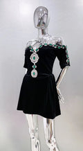 Spring Women Sexy Strapless Half Sleeve Shinning Rhinestones Bodycon Mini Velvet Dress Celebrate Birthday Cocktail Dress