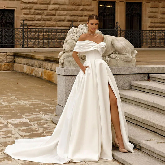 Modern Satin Off The Shoulder Wedding Dress With Pockets Pleats Bride Dress Side Split Sweep Train Bridal Growns White