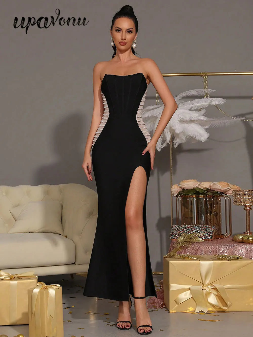 Sexy Women'S Patchwork Bead Design Bandage Dress Strapless Sleeveless Bodycon Backless Split Length Dresses Party Vestidos
