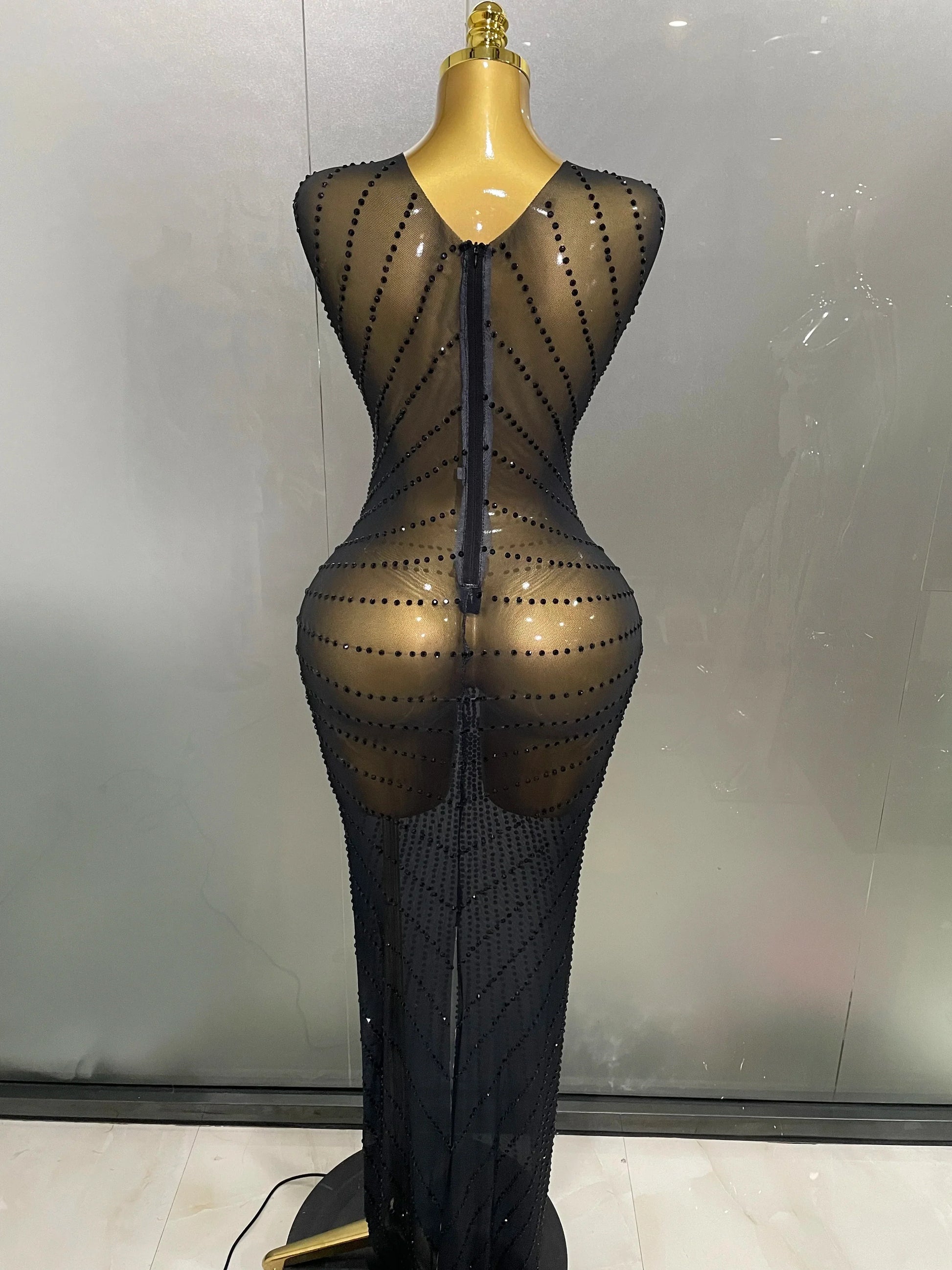 Sexy Sparkly Rhinestones Sleeveless Long Dress Women Birthday Celebrate Evening Photo Shoot Stage Performance Costume
