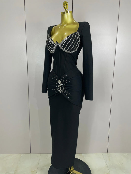 Sexy Luxury Sparkly Beading Bandage Long Sleeve Bodycon Dress Women Celebrity Party Elegant Evening Club Pary Dresses