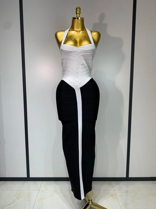 Women Sexy Halter Whiter Black Patchwork Bodycon Bandage Dress Celebrity Elegant Evening Party Club Luxury Birthday Dresses White and black