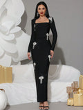 Women's Light Luxury Nail Diamond Design Bandage Dress Square Neck Long Sleeve Bodycon Black Long Dress Club Party Vestidos black