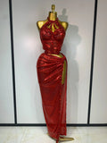 Women Sparkly Silver Rhinestones Top Long Skirt Two Pieces Set Singer Dancer Performance Costume Nightclub Stage Wear Red
