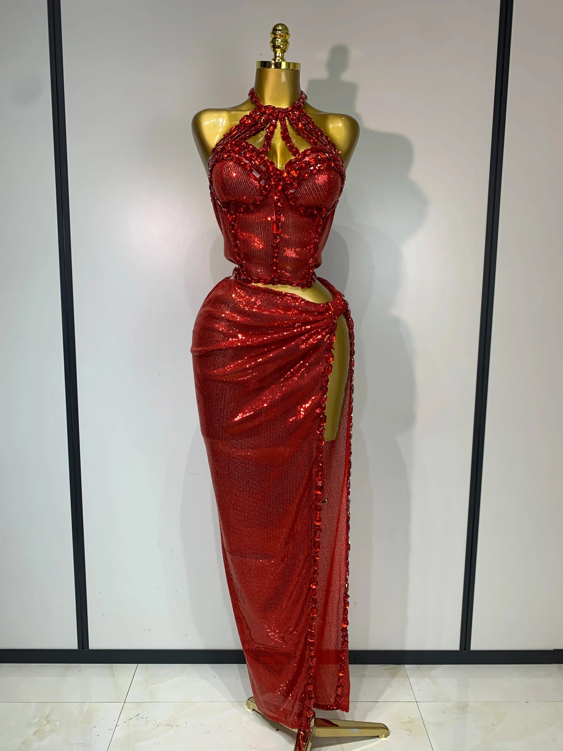 Women Sparkly Silver Rhinestones Top Long Skirt Two Pieces Set Singer Dancer Performance Costume Nightclub Stage Wear Red