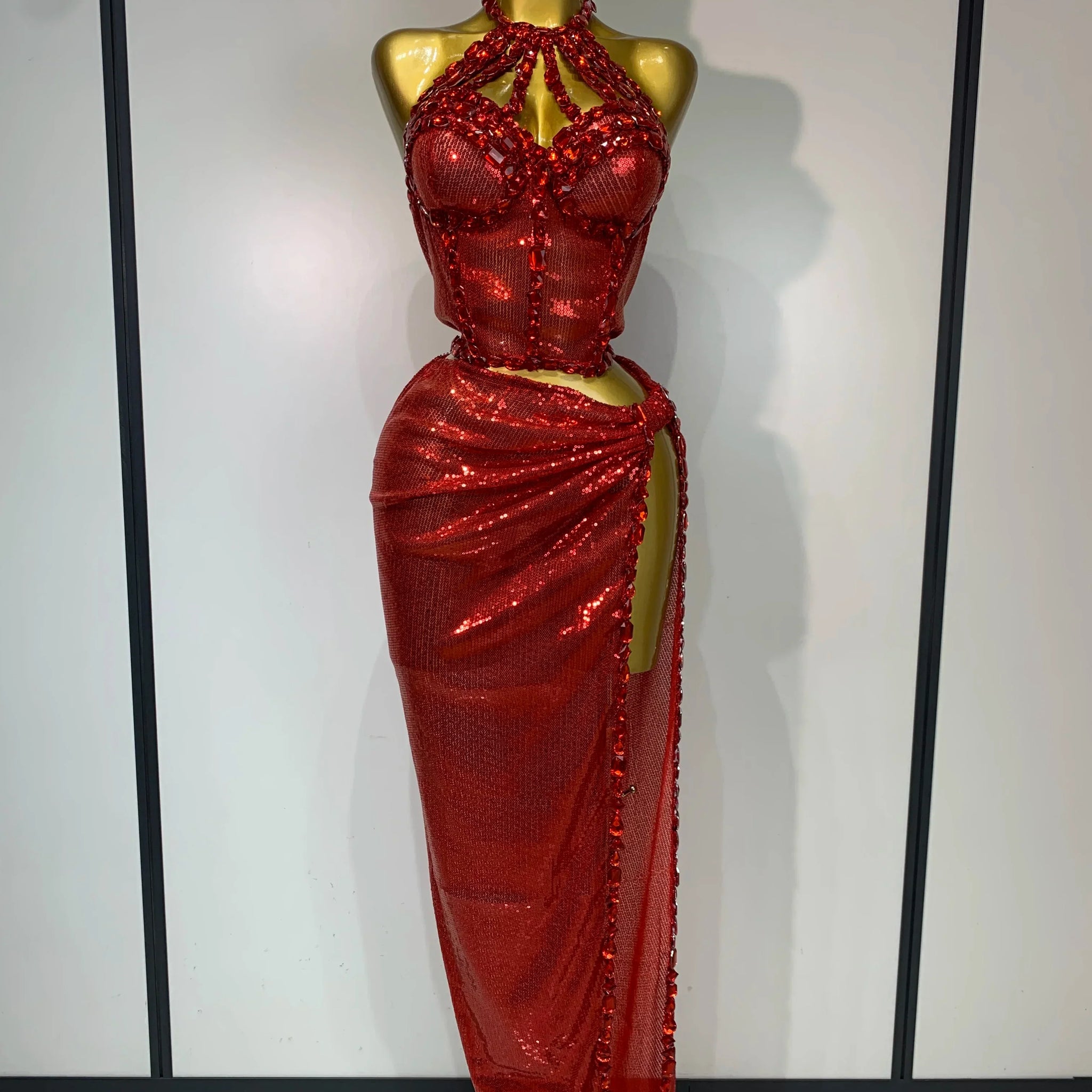 Sexy Backless Shiny Diamond Two Piece Set Women Elegant Evening Party Luxury Birthday Nightclub Singer Stage costume Red