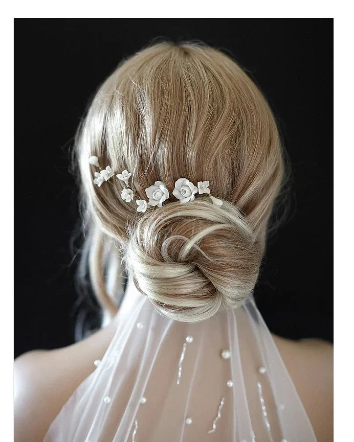 Gold Color Hair Clip Pins Porcelain Rose Flower Hairpins For Brides Bridesmaids Headpieces Bridal Jewelry Wedding Accessories
