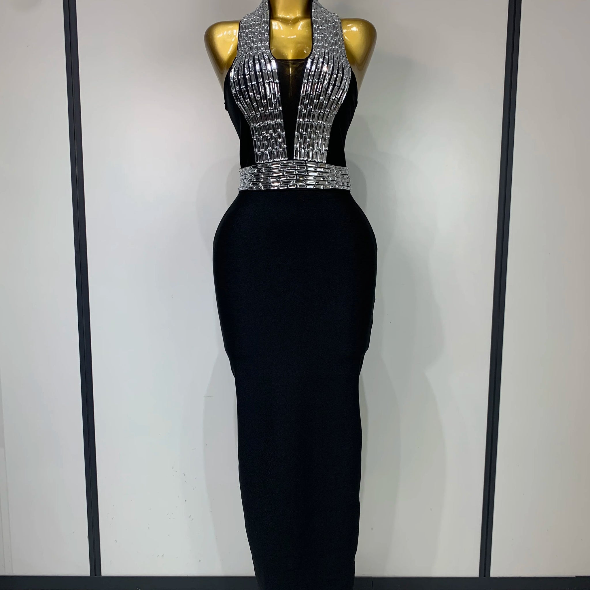 Women Celebrity Sexy Halter Diamonds Black Midi Bodycon Bandage Dress Elegant Evening Club Party Outfit Luxury Birthday Dress black