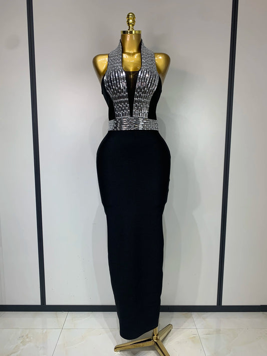 Women Celebrity Sexy Halter Diamonds Black Midi Bodycon Bandage Dress Elegant Evening Club Party Outfit Luxury Birthday Dress black