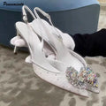 Luxury Diamond Pearls Lace Mesh Women Pumps Elegant Pointed toe Thin High heels Fashion Summer Slingbacks Wedding Party Shoes