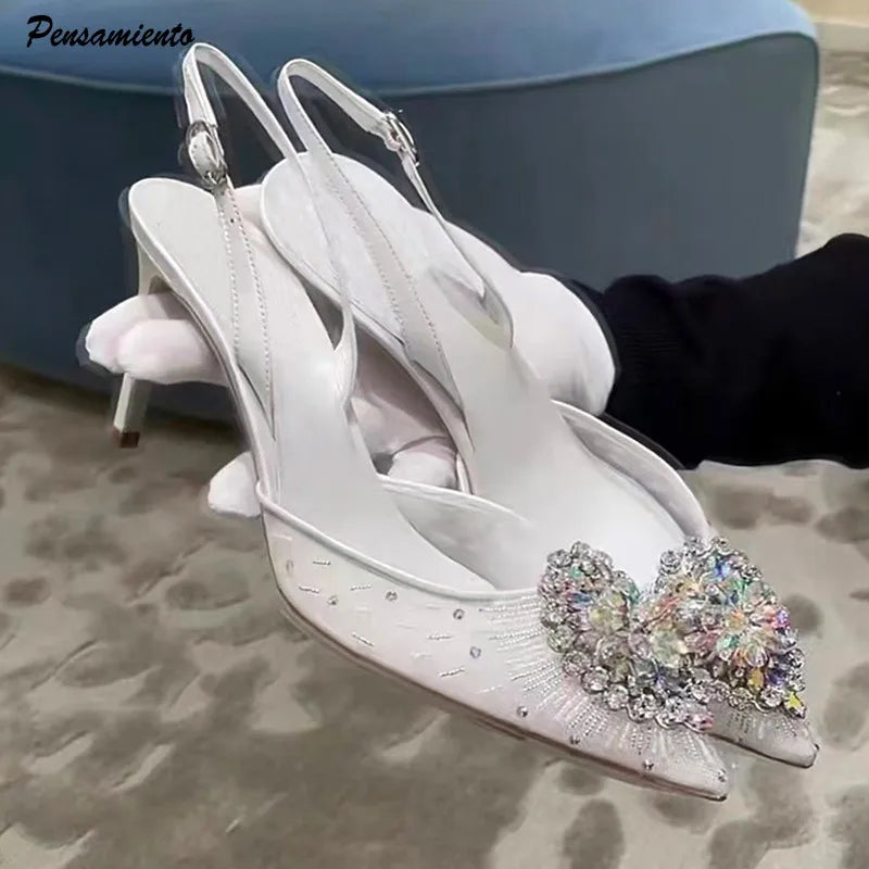 Luxury Diamond Pearls Lace Mesh Women Pumps Elegant Pointed toe Thin High heels Fashion Summer Slingbacks Wedding Party Shoes