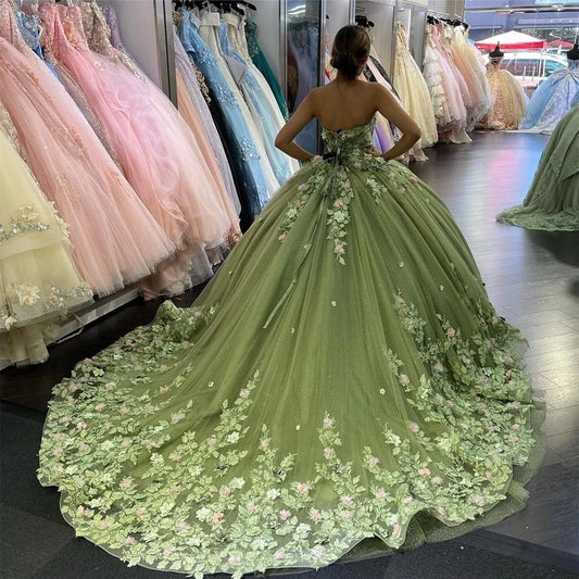 Green Quinceanera Dresses Floral Appliques Flowers Vestidos De 15 Anos Court Train Floor Length Birthday Party Prom