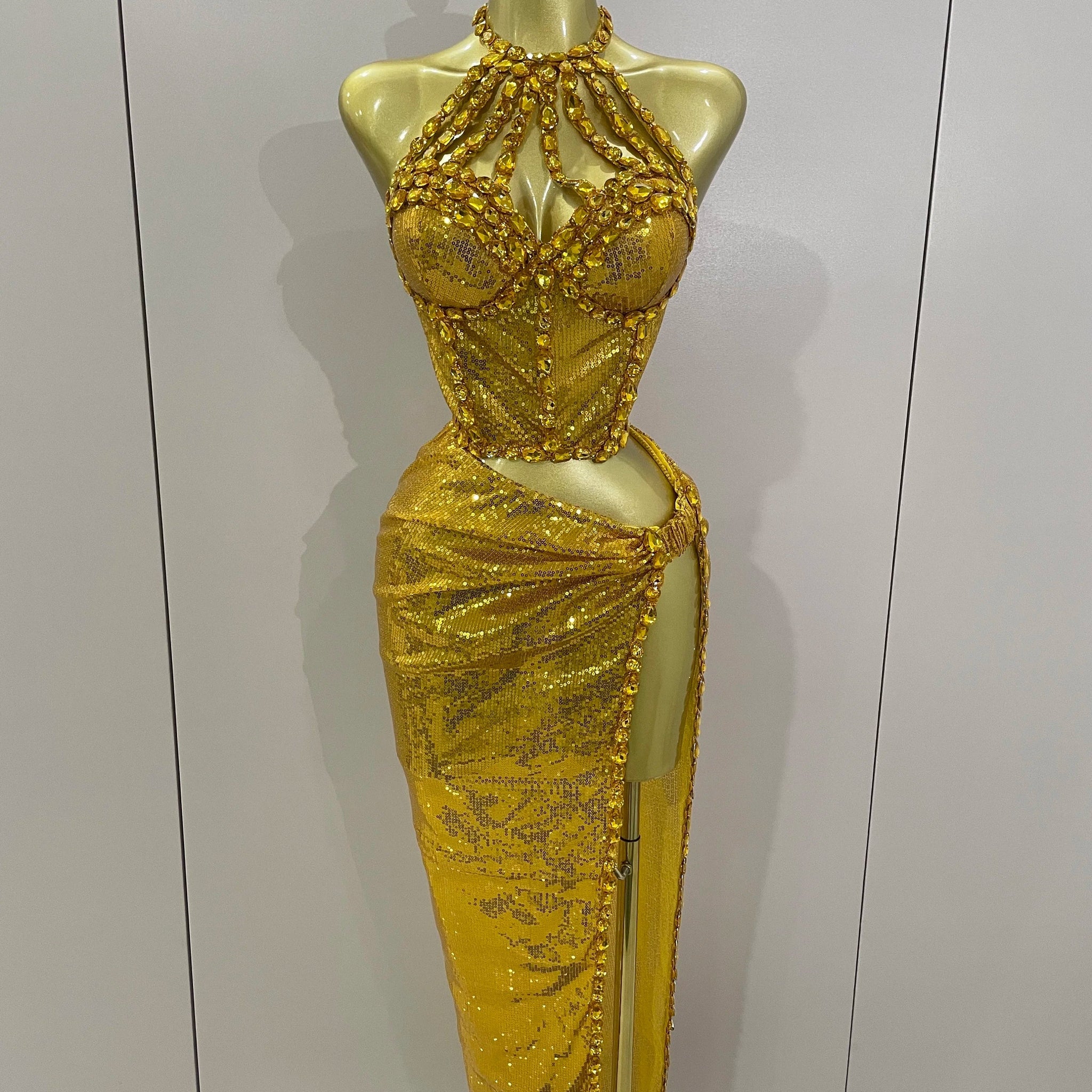 Sexy Luxury Shiny Diamond Sequins Cocktail Dress 2Pcs Set Women Evening Celebrate Birthday Party Nightclub Stage costume Gold
