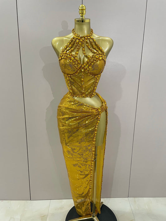 Sexy Luxury Shiny Diamond Sequins Cocktail Dress 2Pcs Set Women Evening Celebrate Birthday Party Nightclub Stage costume Gold