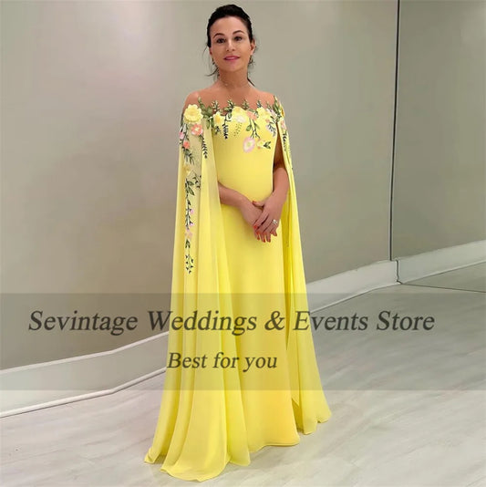 Fairy Yellow Chiffon Prom Dress Mermaid Cap Sleeves Appliques Formal Evening Dress Slit Floor Length Party Gowns