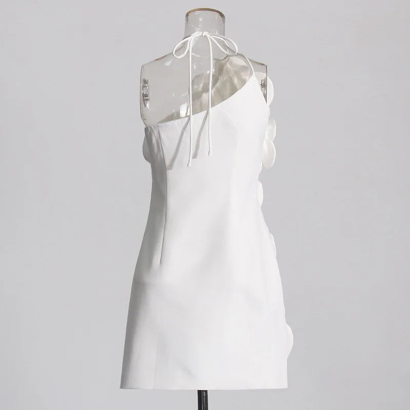 White Color Women Sexy Halter Backless Off the Shoulder Bodycon Mini Dress Florals Birthday Party Celebrate Vacation Dress