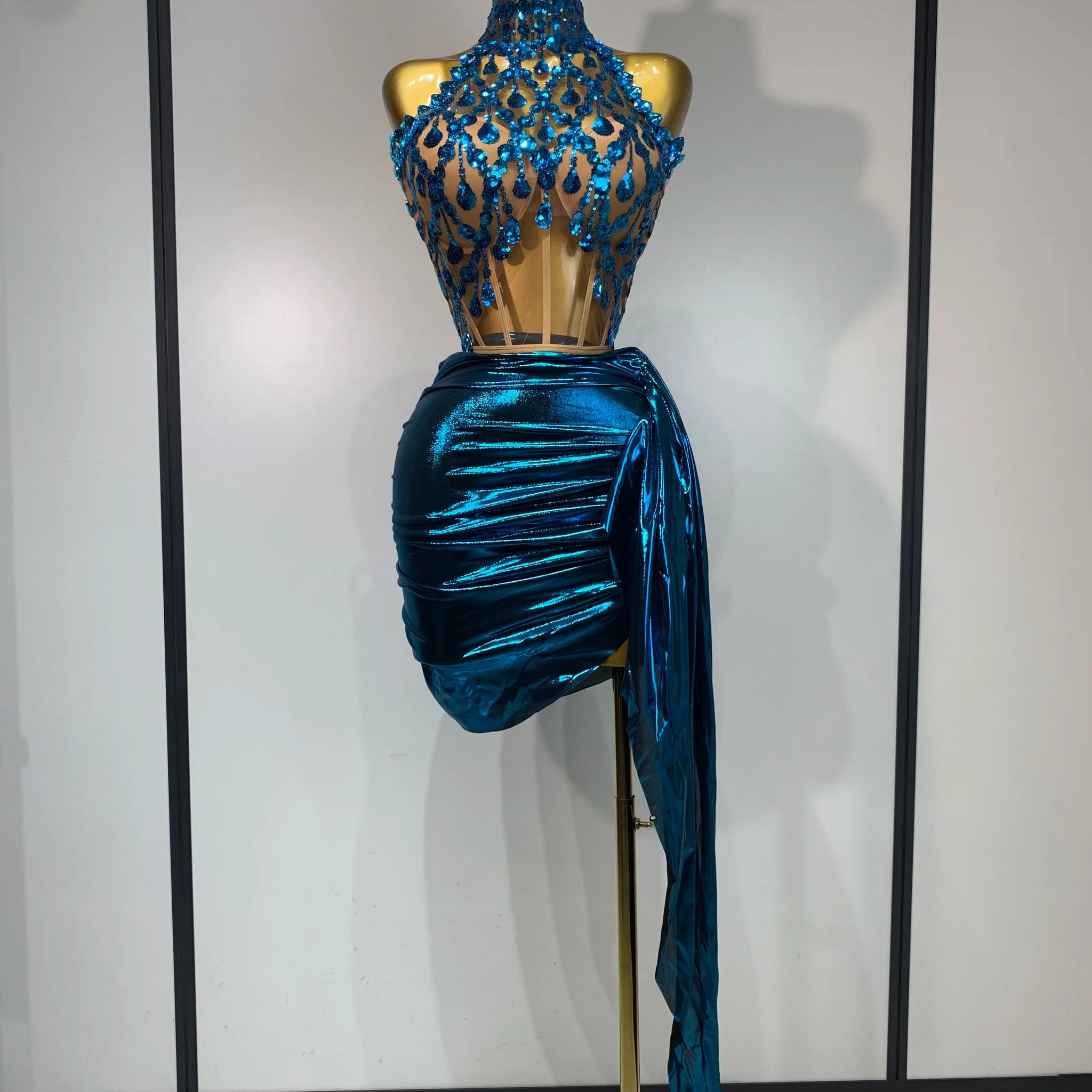 Luxury Rhinestone Sequined Backless Sexy Top Skirt Set Celebrate Evening Party Prom Gowns Nightclub Singer Stage Outfit Blue