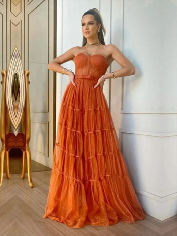 Glitter Orange Strapless A-line Prom Dresses Sexy فساتين الحفلات Multilayer Vestidos De Noche Strapless فساتين السهرة