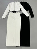 2024 Sexy Women's Bandage Skirt Set Stand up Collar Long Sleeve Nail Bead Water Diamond Short Top+Long Dress Two Piece Set