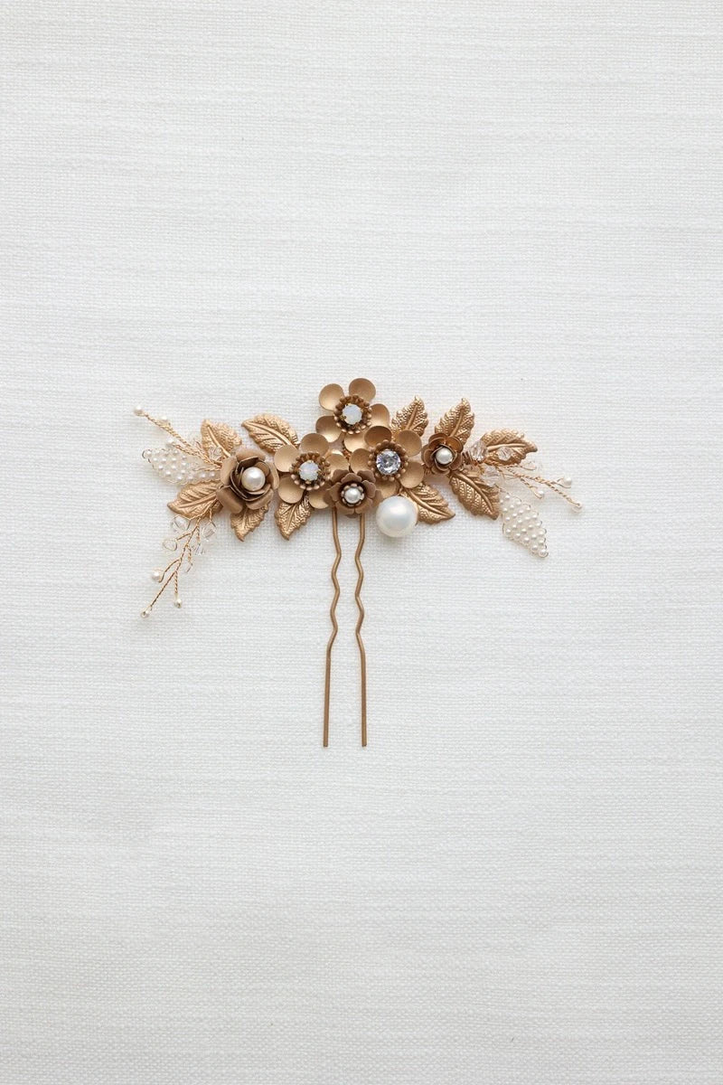 Bridal Jewelry Rhinestones Pearl Hair Pin Clip Leaf Flower Head Piece Brides Gift Vintage Gold Color Hairpin Wedding Accessories 2