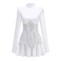 New Arrival Black Red Women Long Sleeve Shinning Rhinestones A-Line Mini Dress Christmas Nightclub Party Celebrate Dress WHITE