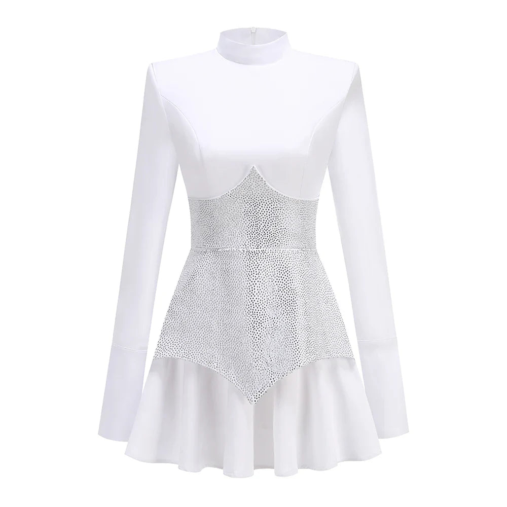 New Arrival Black Red Women Long Sleeve Shinning Rhinestones A-Line Mini Dress Christmas Nightclub Party Celebrate Dress WHITE