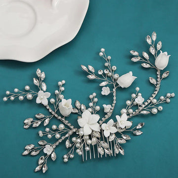 Wedding Accessories Porcelain Flower Hair Comb Pin Imitation Pearl Crystal Hairpin For Brides Women Head Pieces Bridal Jewelry a