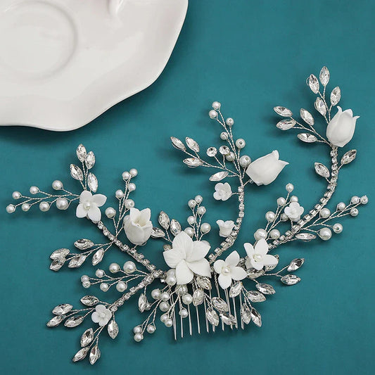 Wedding Accessories Porcelain Flower Hair Comb Pin Imitation Pearl Crystal Hairpin For Brides Women Head Pieces Bridal Jewelry a