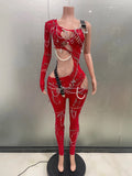 Sexy Shining Pearl Chain One Shoulder Hollow Out Jumpsuit Women Birthday Party Nightclub Singer Performance Stage Wear Red