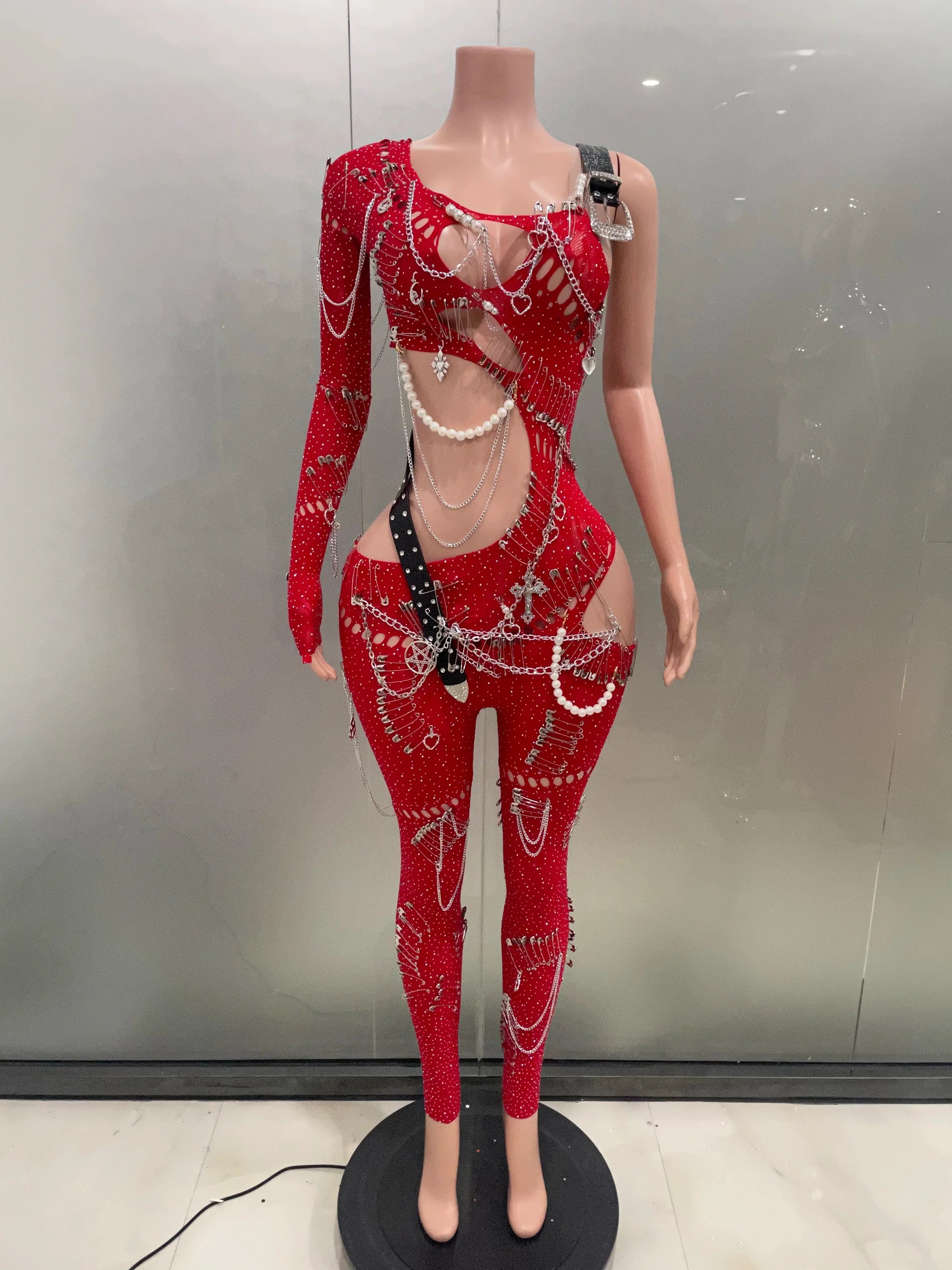 Sexy Shining Pearl Chain One Shoulder Hollow Out Jumpsuit Women Birthday Party Nightclub Singer Performance Stage Wear Red